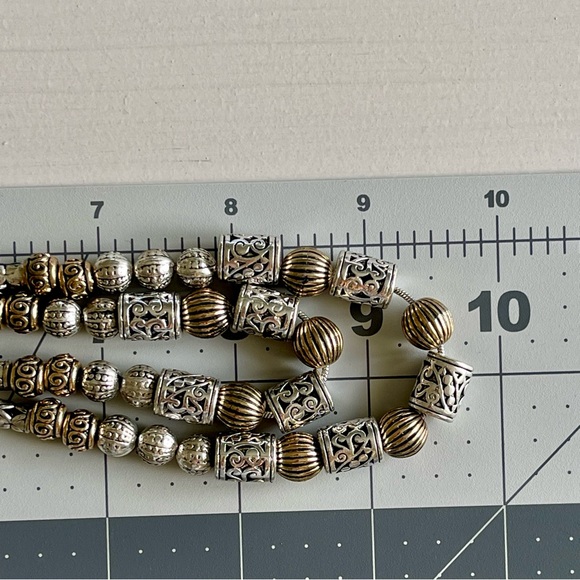 Textured Silver Gold Tube Round Beads Two-Strand Silver Snake Chain Necklace - Picture 9 of 9